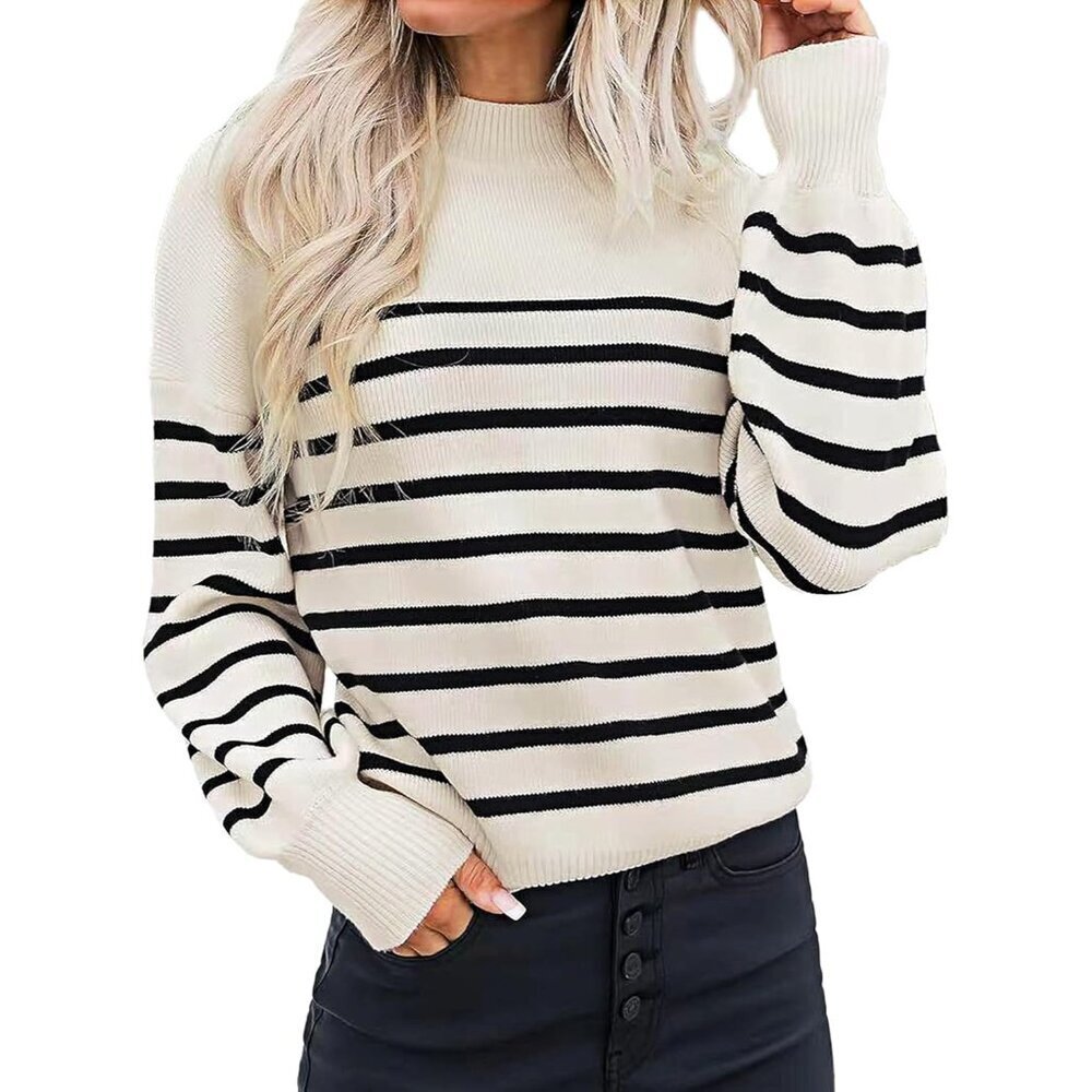 Women's Acrylic Striped Mockneck Sweater Casual Long Sleeve Pullover